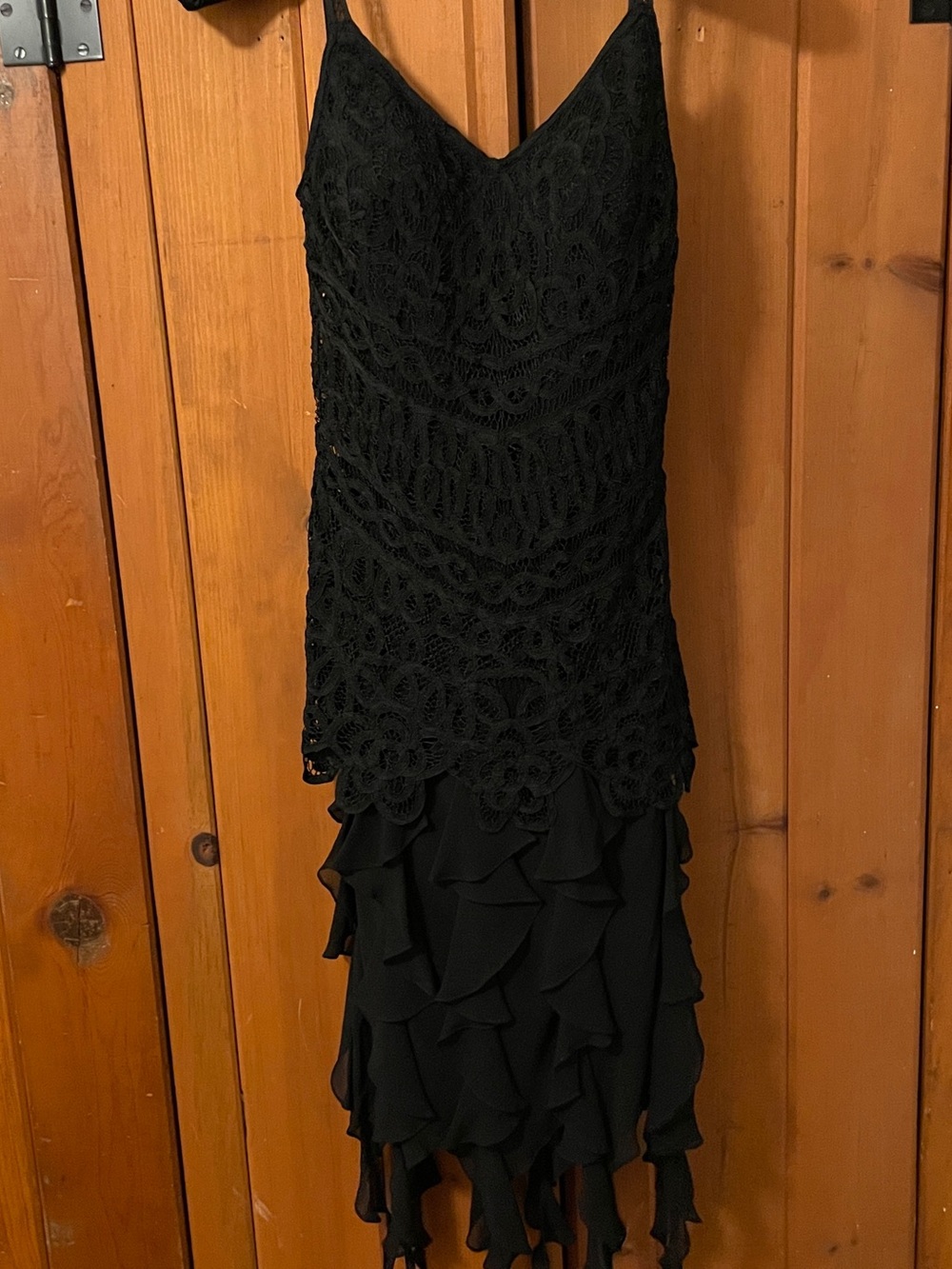 Sue Wong Black 100% Silk Soutache Lace Asymmetrical Hem Ruffle Dress Size 6